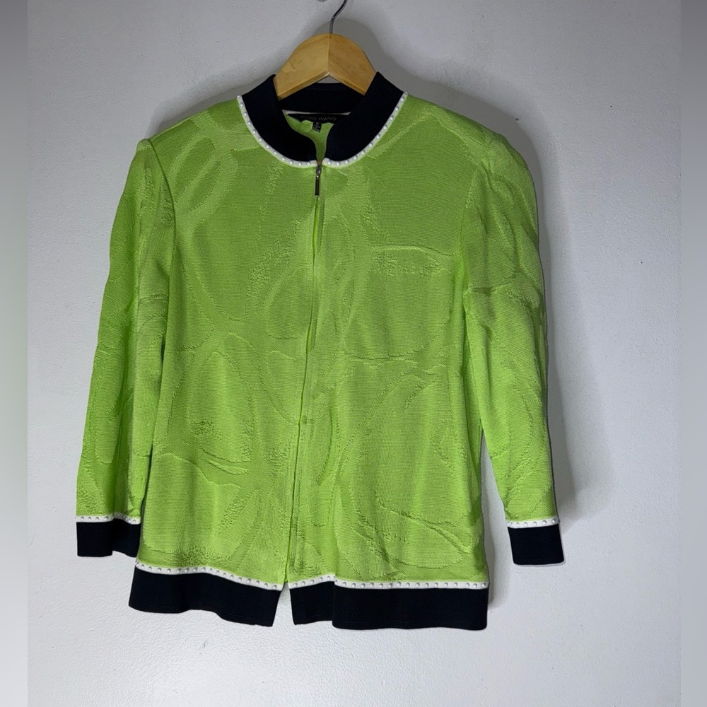 ming‎ wang Green Zip Green Textured Floral Jacket Black Trim Small